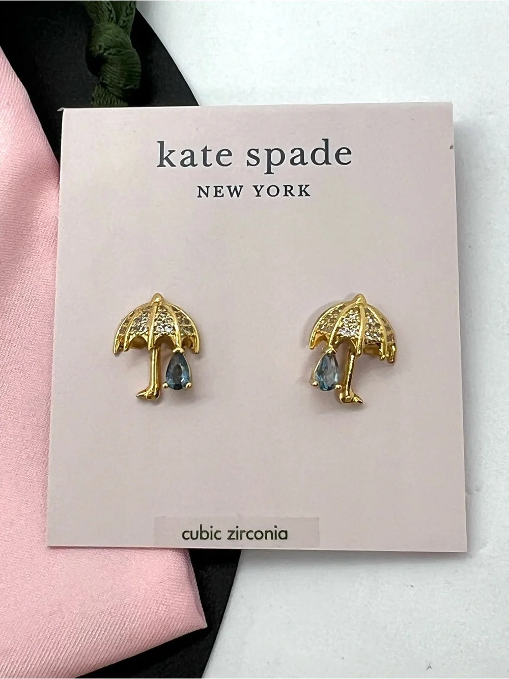 Kate Spade Authentic Rain or Shine Umbrella CZ Pavé Stud Earrings KB908